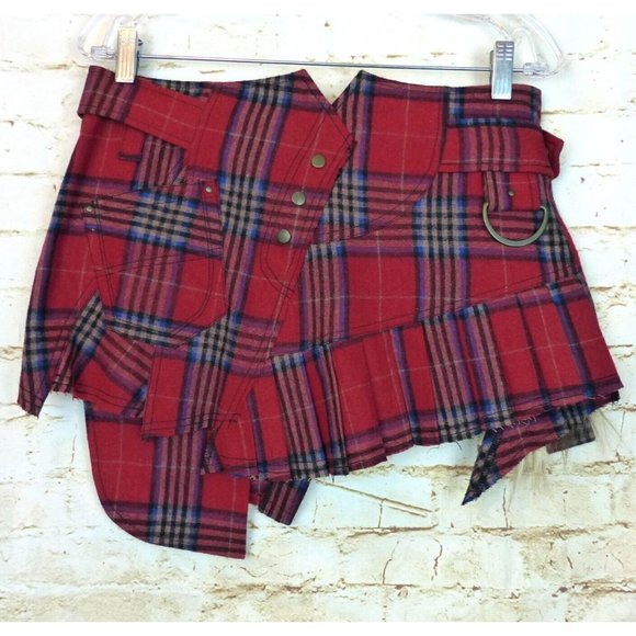 Atelier GX-2 France Womens VTG Y2K Asymmetrical Plaid Wool Skirt L Punk Grunge - Picture 2 of 11